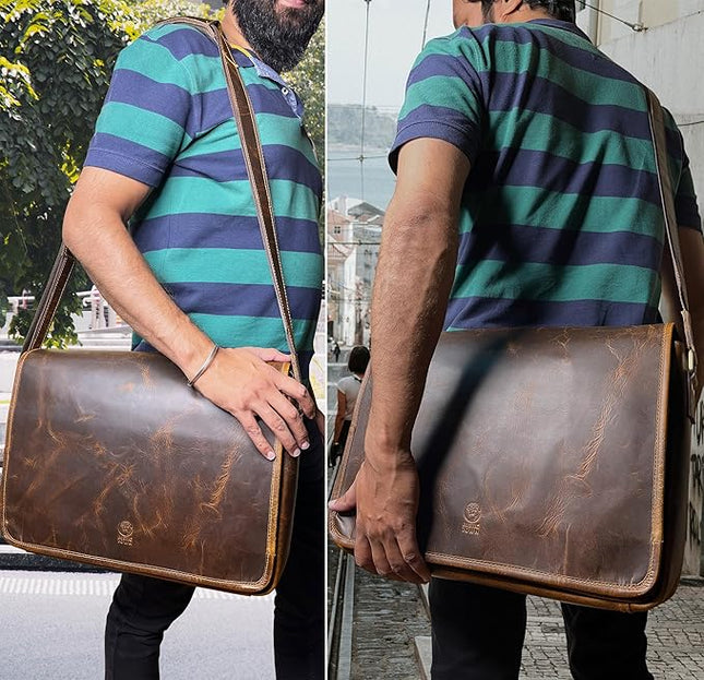 Leather Messenger Bag for Men 16" Full Grain Leather Laptop Bag Vintage Crossbody Office Satchel Travel Shoulder Bag