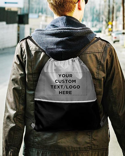 DISCOUNT PROMOS Custom Easy Go Drawstring Backpack Set of 10/50/100, Personalized Bulk Pack - Great for Travelling, Gym and for Everyday Use - Black