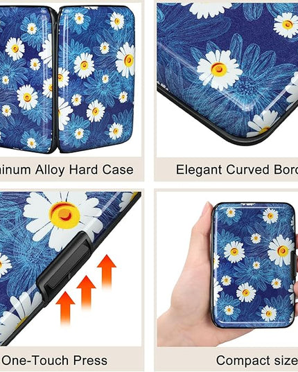 ELFISH Mini RFID Aluminum Wallet Credit Cards Holder Business Card Case Metal ID Case for Men Women(White Flower)