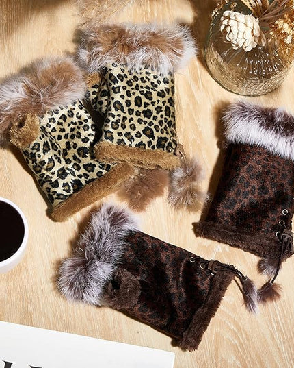 SATINIOR Women Fur Fingerless Gloves Winter Rabbit Fur Lined Half Finger Mittens for Women Girls Teen Working Writing