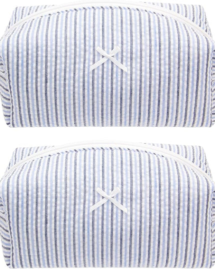 PAZIMIIK 2PCS Cozy Makeup Bag Small Aesthetic Travel Zipper Cosmetic Pouch for Women Make Up Beauty Accessories Brushes, Stripe Blue Mix