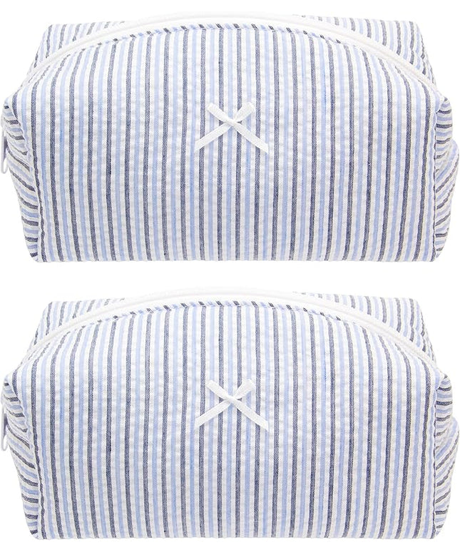 PAZIMIIK 2PCS Cozy Makeup Bag Small Aesthetic Travel Zipper Cosmetic Pouch for Women Make Up Beauty Accessories Brushes, Stripe Blue Mix