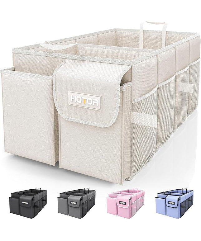 HOTOR Trunk Organizer - Foldable Car Storage for SUVs & Sedans, Sturdy Organization for Accessories, Tools, Sundries, Beige, 2 Compartments, 21.3"12.6"10.6"