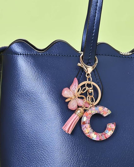 Fashion Alphabet Initial Letter Keychain Tassel Butterfly Pendant Key Ring for Purse Handbags Women Girl
