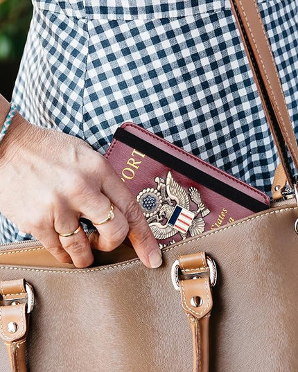 TOURSUIT RFID Blocking Passport Holder for Women Men, Leather Passport Travel Wallet with Metal 3D Metal Badge, Travel Document Holder Cover Accessories (Rose Red)