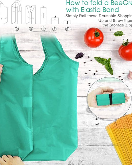 BeeGreen Reusable-Grocery-Bags-Foldable-Machine-Washable-Reusable-Shopping-Bags-Bulk Colorful 10 Pack 50LBS Extra Large Folding Reusable Bags Totes w Zipper Storage Pouch Lightweight Polyester Fabric