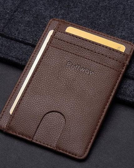 Buffway Slim Minimalist Front Pocket RFID Blocking Leather Wallets for Men and Women - Lichee Coffee