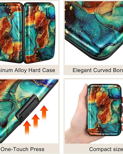 ELFISH Mini RFID Aluminum Wallet Credit Cards Holder Business Card Case Metal ID Case for Men Women（Blue Brown Marble