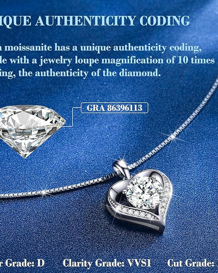 Moissanite Necklace for Women, 1-3 Carat Heart Necklace Engraved with 'I LOVE YOU', Birthday Gift for Wife, Anniversary Present for Wife Women, Jewelry Gifts for Christmas Valentine's Day