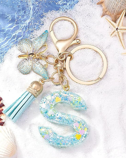 Fashion Alphabet Initial Letter Keychain Tassel Butterfly Pendant Key Ring for Purse Handbags Women Girl