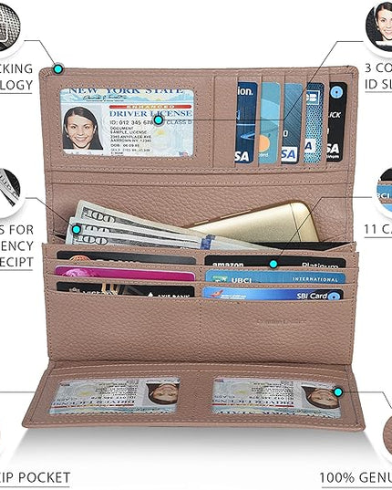 Real Leather Women Wallet Leather with RFID Blocking -Trifold Card Holder Designer Ladies Clutch with ID Window Wallets