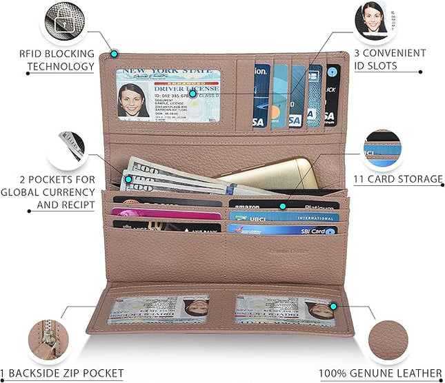 Real Leather Women Wallet Leather with RFID Blocking -Trifold Card Holder Designer Ladies Clutch with ID Window Wallets