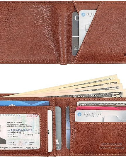 BOTANNER Genuine Leather Mens Bifold Wallet RFID Blocking 7 Credit Card Slots 1 ID Window 1 Section for Bills 2 Additional Slots | Tan