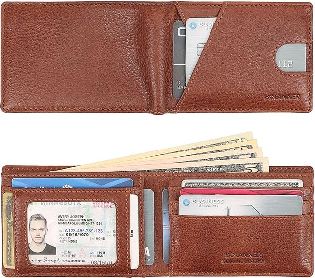 BOTANNER Genuine Leather Mens Bifold Wallet RFID Blocking 7 Credit Card Slots 1 ID Window 1 Section for Bills 2 Additional Slots | Tan