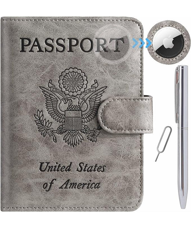 Airtag Passport Holder Cover Wallet RFID Blocking Leather Case Travel Essentials Luggage Accessories Travel Must Have(118#Grey)
