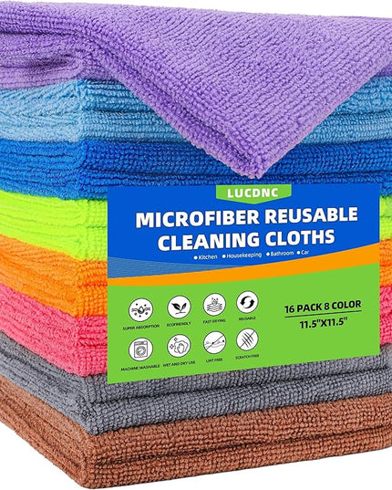 Microfiber Cleaning Cloths 16 Pack 8 Color Cleaning Rags for Housekeeping Home Kitchen Bathroom Car,11.5"X11.5" Soft Lint Free Wet and Dry Use Dusting Cleaning Supplies Towels