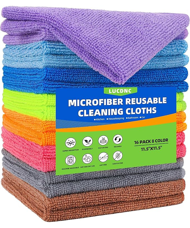 Microfiber Cleaning Cloths 16 Pack 8 Color Cleaning Rags for Housekeeping Home Kitchen Bathroom Car,11.5"X11.5" Soft Lint Free Wet and Dry Use Dusting Cleaning Supplies Towels