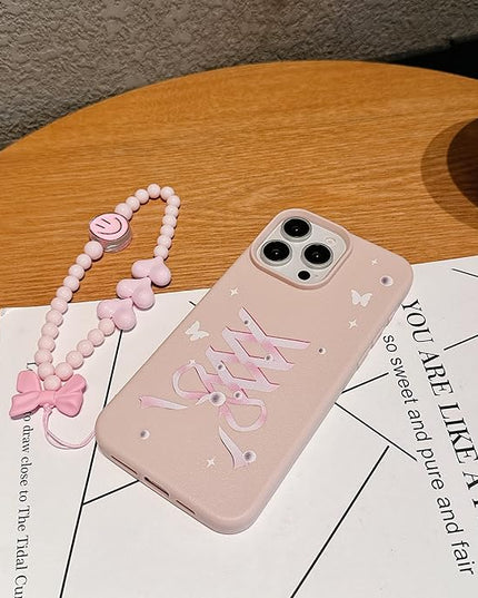 Elegant Lovely Bow Phone Case for iPhone 14 Pro Max, Stylish Ballet Ribbon Girly Cover with Wrist Strap, Aesthetic Soft Pink Tone, Designed for Women and Girls