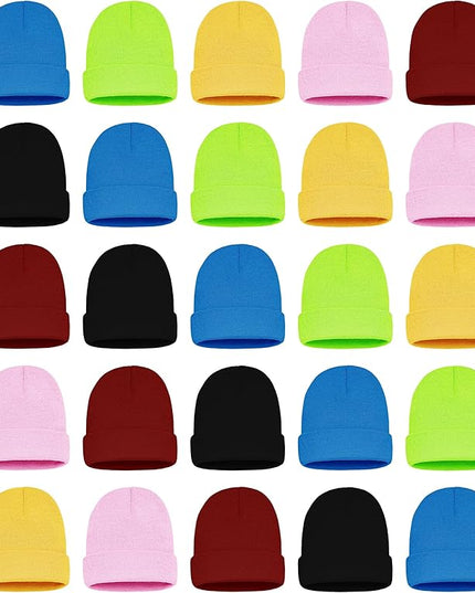 25 Pack Winter Beanie Hats, Unisex Thermal Toboggan Cold Weather Cuffed Caps Bulk Bundle