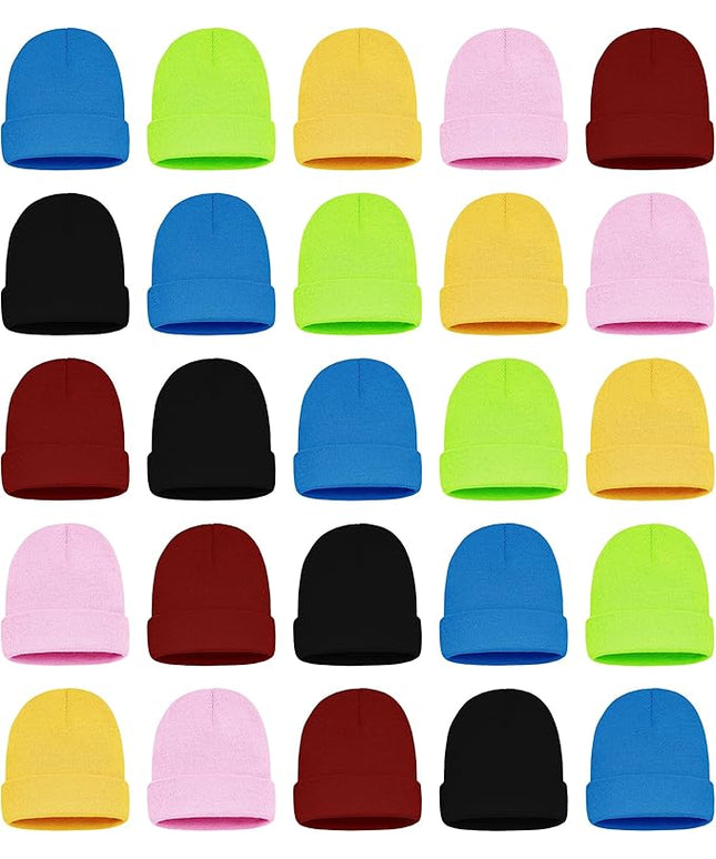 25 Pack Winter Beanie Hats, Unisex Thermal Toboggan Cold Weather Cuffed Caps Bulk Bundle