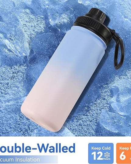 DOMICARE 16 oz Water Bottle for School Stainless Steel Double Wall Vacuum Insulated Water Bottle with Straw lids & Spout Lid, Leakproof BPA Free (Blue/Pink,4)