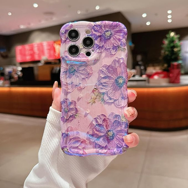 Purple Wavy Case for iPhone 13 Pro | Curly Protection Frame, Vintage Glossy Oil Painting Floral Print, with Lovely Bead Chain, for Grils and Women