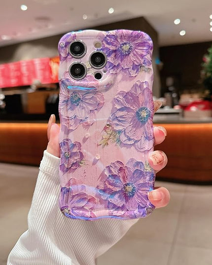 Purple Wavy Case for iPhone 12 Pro | Curly Protection Frame, Vintage Glossy Oil Painting Floral Print, with Lovely Bead Chain, for Grils and Women