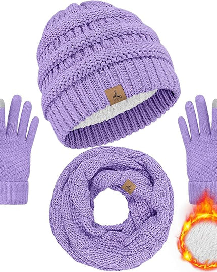 Winter Beanie Hat Scarf Gloves, Warm Fleece Knit Hats Touch Screen Gloves Neck Scarf Set Winter Gifts for Unisex Adult