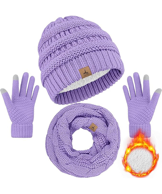 Winter Beanie Hat Scarf Gloves, Warm Fleece Knit Hats Touch Screen Gloves Neck Scarf Set Winter Gifts for Unisex Adult