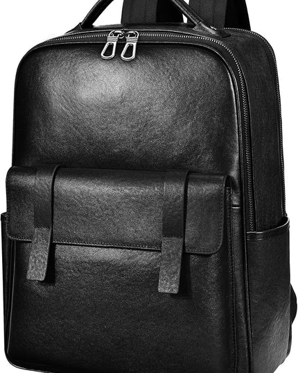 Men's Black Leather Backpack for Work Travel, Durable Genuine Leather Laptop Backpack with 15.6-inch Computer Compartment, Stylish Professional Designer