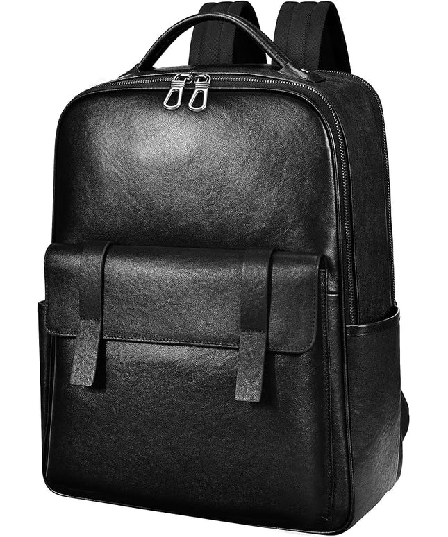 Men's Black Leather Backpack for Work Travel, Durable Genuine Leather Laptop Backpack with 15.6-inch Computer Compartment, Stylish Professional Designer