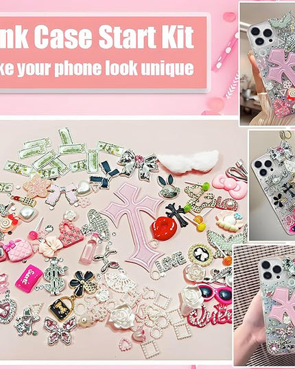 Sutesloly Junk Case Charms Kit, Pink y2k Glitter Phone Case Charm with Storage Box, Kawaii DIY Accessories for Bags, Shoes, Crafts,Cute Bow,Resin Flat Bottomed Drill,Star Letters,Butterfly