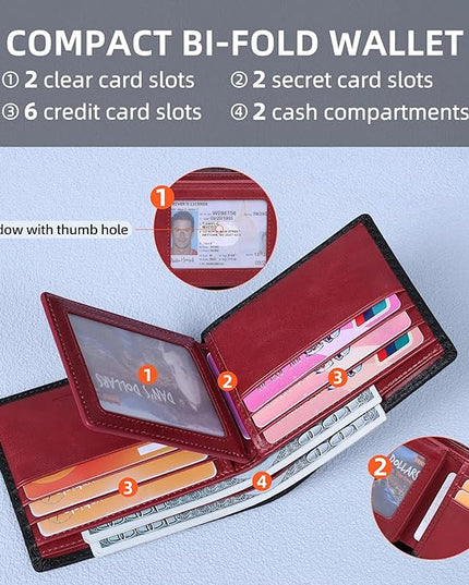 VISOUL Wallet for Men with 2 ID Windows 8 Credit Card Slots 2 Cash Compartments, Carbon Fiber Leather Bifold Mens Wallet with RFID Blocking (Carbon Fiber Black+Burgundy)