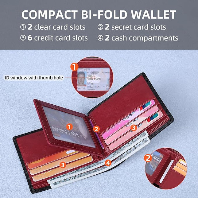 VISOUL Wallet for Men with 2 ID Windows 8 Credit Card Slots 2 Cash Compartments, Carbon Fiber Leather Bifold Mens Wallet with RFID Blocking (Carbon Fiber Black+Burgundy)