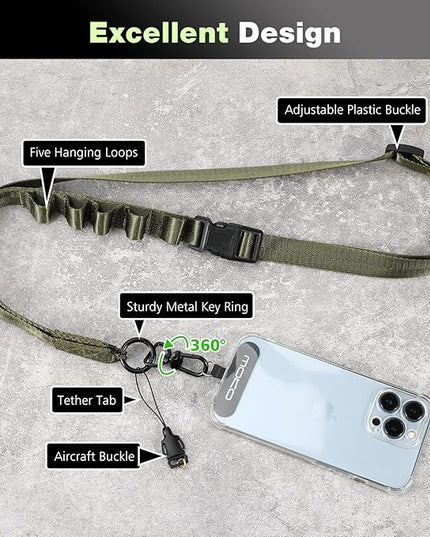 MoKo Universal Phone Lanyard, Nylon Adjustable Cell Phone Crossbody Strap Detachable Women & Men Cellphone Lanyards Around the Neck with Patches for iPhone, Most Smartphone, Army Green