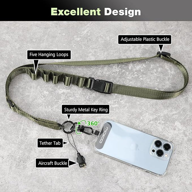 MoKo Universal Phone Lanyard, Nylon Adjustable Cell Phone Crossbody Strap Detachable Women & Men Cellphone Lanyards Around the Neck with Patches for iPhone, Most Smartphone, Army Green