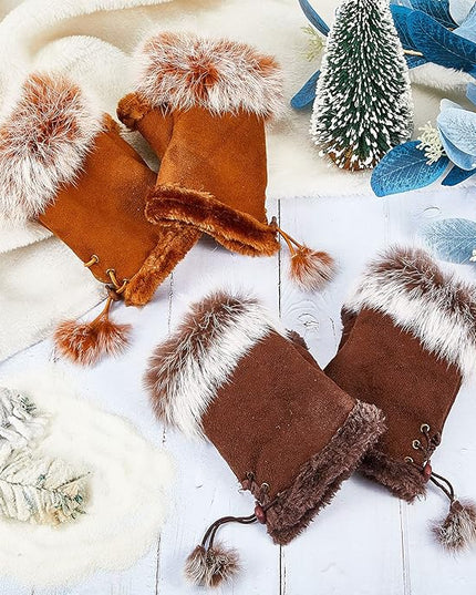 SATINIOR Women Fur Fingerless Gloves Winter Rabbit Fur Lined Half Finger Mittens for Women Girls Teen Working Writing