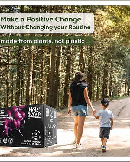Large Compostable Trash Bags - 10-13 Gallon, 50 Pack, 100% Plastic-Free Decomposing Easy-Tie Trash Can Bags & Liners, Thick Kitchen, Bathroom & Backyard Bin Bags for Food & Green Waste