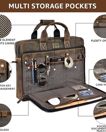 LEATHER VILLAGE 16" Leather Laptop Messenger Briefcase Bag for Men-Leather Satchel for Travel and Office Shoulder Bag- Rustic Brown