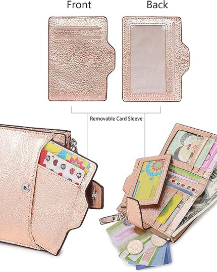 AINIMOER Women's RFID Blocking Leather Small Compact Bi-fold Zipper Pocket Wallet Card Case Purse with id Window