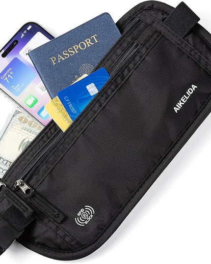 RFID Blocking Money Belt - Passport Holder & Travel Wallet, Slim Hidden Fanny Packs for Women Men - Black