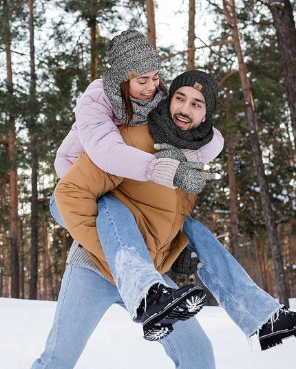 Winter Beanie Hat Scarf Gloves, Warm Fleece Knit Hats Touch Screen Gloves Neck Scarf Set Winter Gifts for Unisex Adult