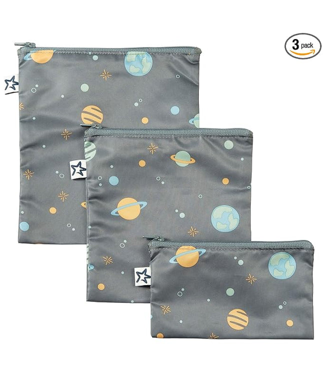 Tiny Twinkle Reusable Snack Bags for Kids – 3 Pack Snack Pouches & Sandwich Bag for Toddlers – Machine Washable, Mess-Proof for Lunch & Travel (Space)