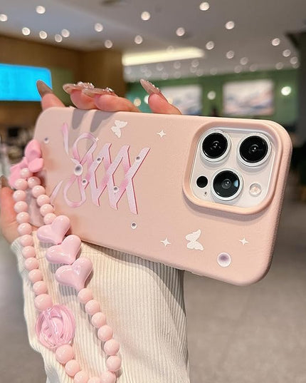 Elegant Lovely Bow Phone Case for iPhone 14, Stylish Ballet Ribbon Girly Cover with Wrist Strap, Aesthetic Soft Pink Tone, Designed for Women and Girls