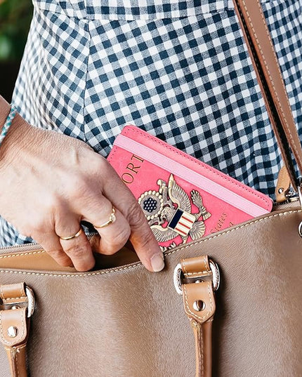 TOURSUIT RFID Blocking Passport Holder for Women Men, Leather Passport Travel Wallet with Metal 3D Metal Badge, Travel Document Holder Cover Accessories (Pink)