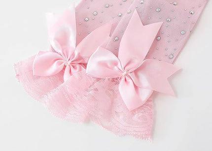 Lace Gloves for Women - Short Bow Rhinestone Tulle Sheer Sparkly Evening Stretchy Gloves for Wedding Opera Party