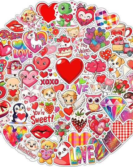 100Pcs Valentines Stickers for Kids, Bulk Heart Stickers for Valentines Day Gifts for Kids Classroom School Exchange, Vinyl Decals, Crafts, Party Favors, Goodie Bags Decorations