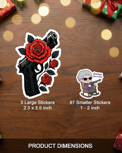 100 PCS Funny Gun Stickers Pack – Tactical Military Army Parody Vinyl Decals for Laptop, Car, Water Bottle, Scrapbook, Hard Hat – Gifts for Men, Women, Teens Birthday Christmas
