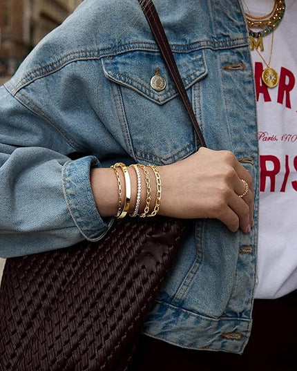 Gold Bracelets Set for Women Stack, Dainty Thick Bracelets Stack for Women Trendy, Simple Thin Gold Plated Cuff Stackable Bracelets With Beaded Cuban Paperclip Snake Rope Bangle Hand Chain Jewelry Gifts for Women Non Tainish