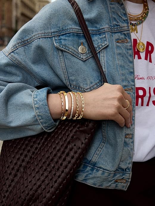 Gold Bracelets Set for Women Stack, Dainty Thick Bracelets Stack for Women Trendy, Simple Thin Gold Plated Cuff Stackable Bracelets With Beaded Cuban Paperclip Snake Rope Bangle Hand Chain Jewelry Gifts for Women Non Tainish